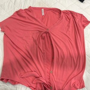 1X button down, tie front pink Zenana Premium top